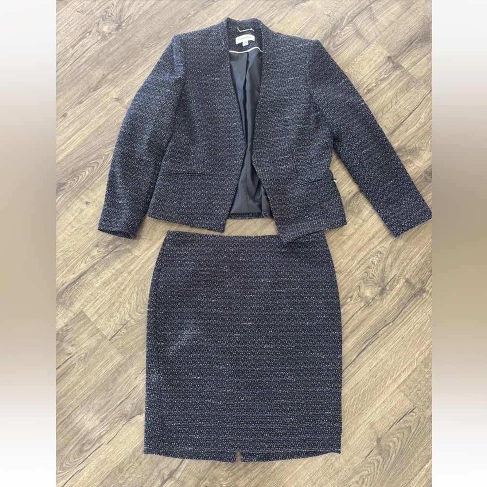 Calvin Klein Navy Black Tweed Midi Skirt Suit - Jacket and Pencil Skirt